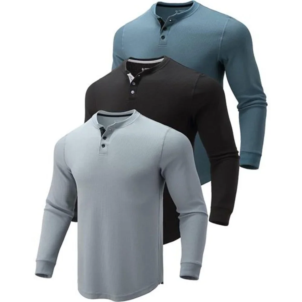 3 Pack Men's Waffle Henley Long Sleeve